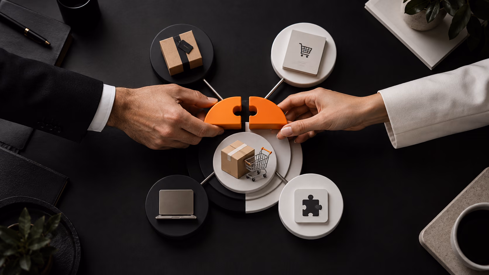 Two business partners joining an orange connector across a shared ecommerce ecosystem